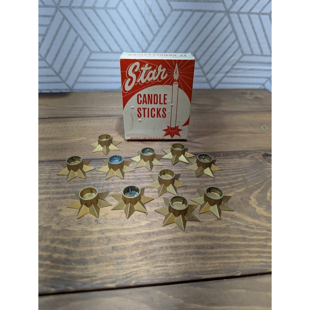 10 VTG Gold Star Metal Candle Stick Holders Made In Denmark/SWEDEN ~ 1.25" MINI‎